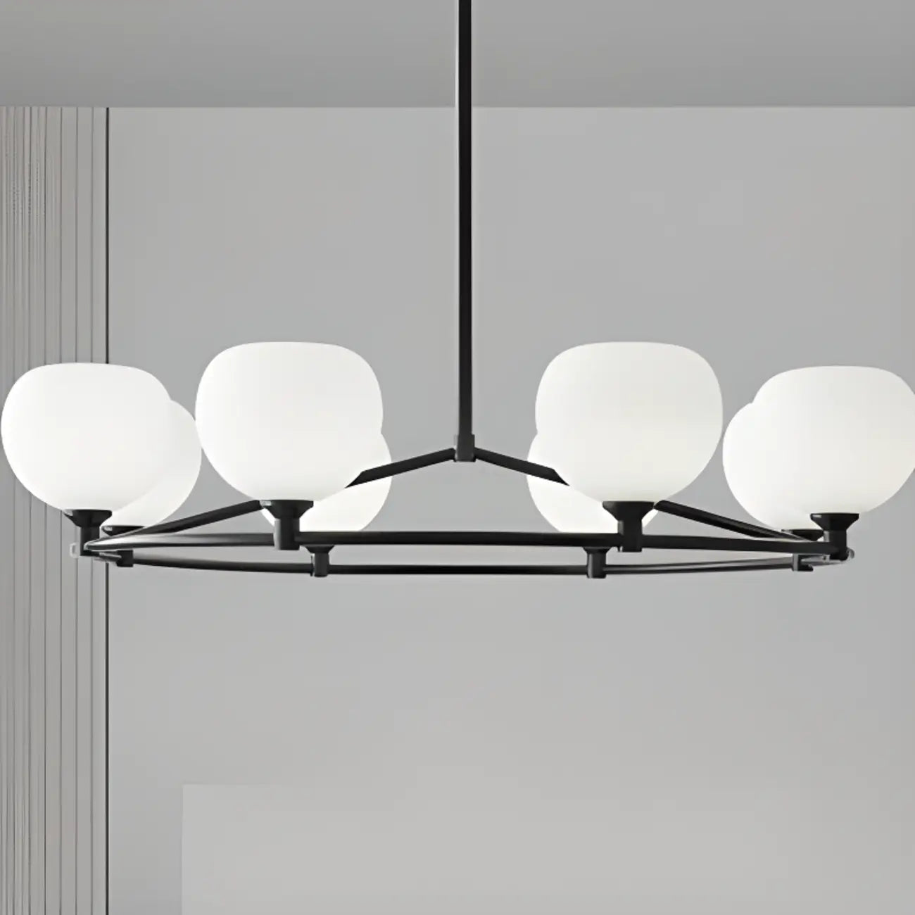Minimalist White Glass Globe Black Metal Chandelier
