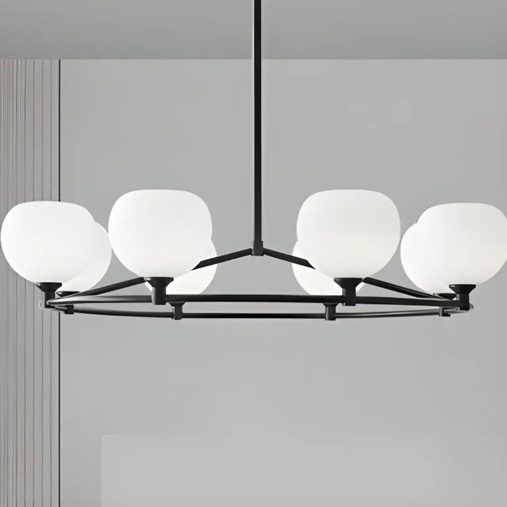 Minimalist White Glass Globe Black Metal Chandelier