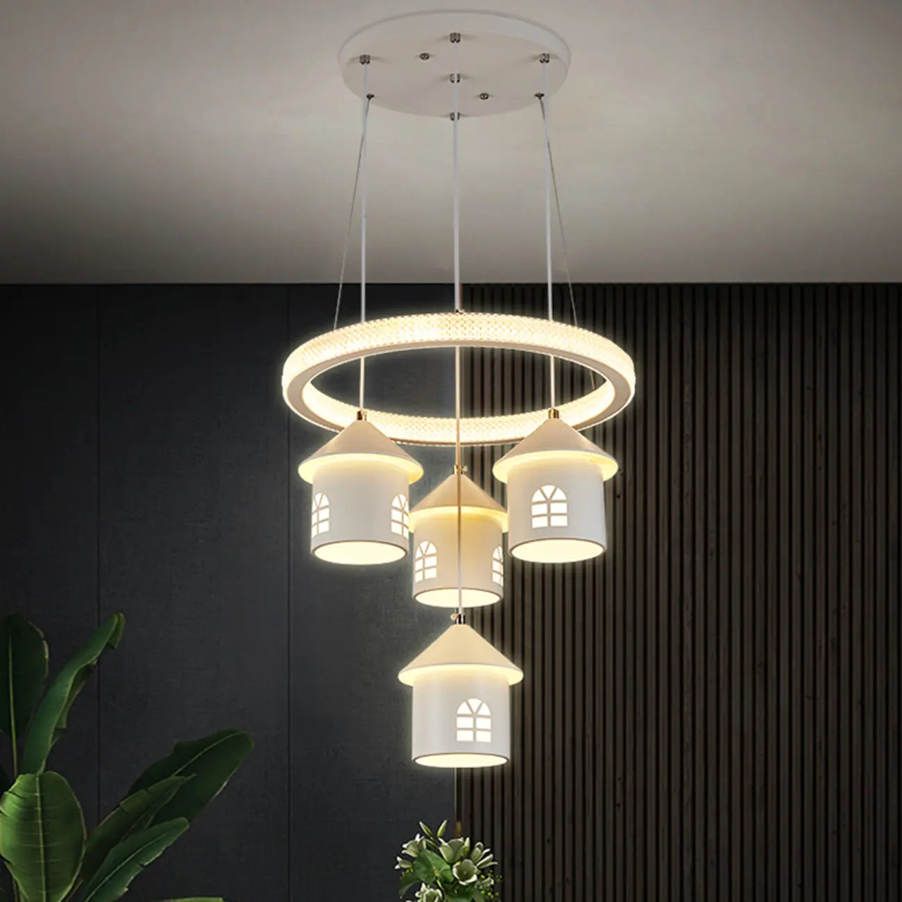 Modern 4-Light LED Chandelier with Unique House Design