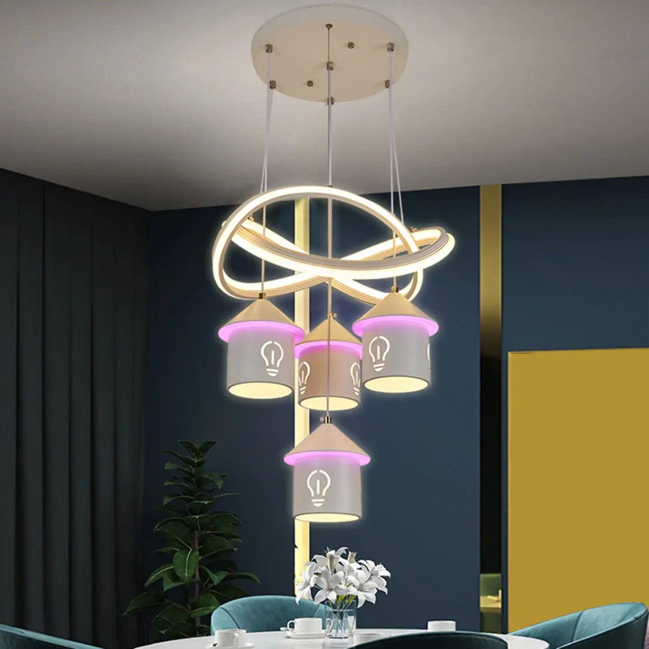Modern 4-Light LED Chandelier with Unique House Design