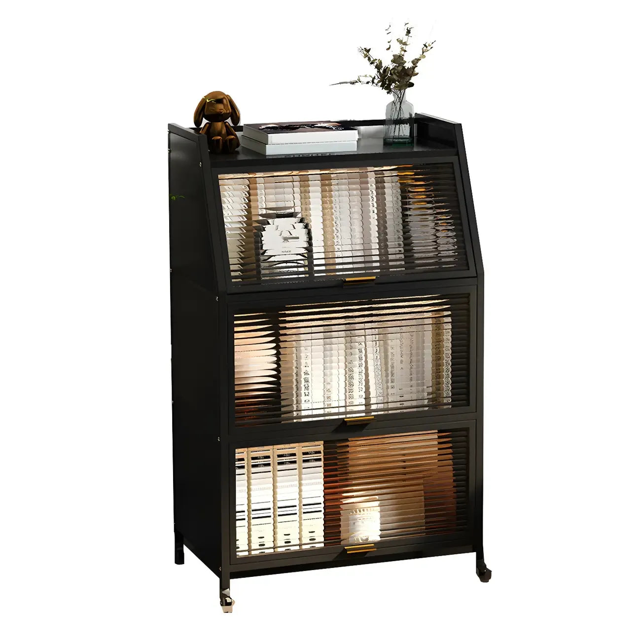 Modish Metal Black Bedside Cabinet with Clear Glass Doors