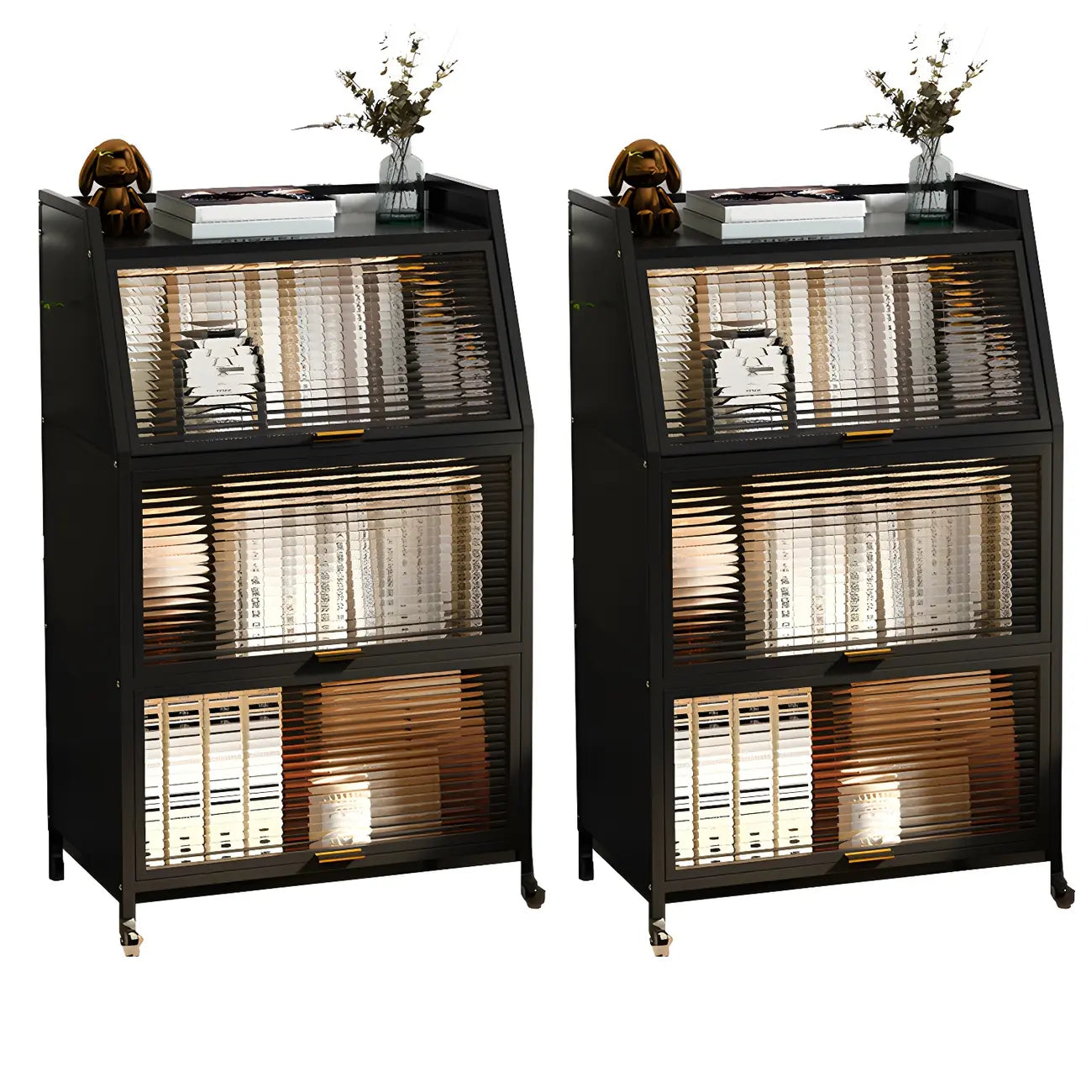 Modish Metal Black Bedside Cabinet with Clear Glass Doors