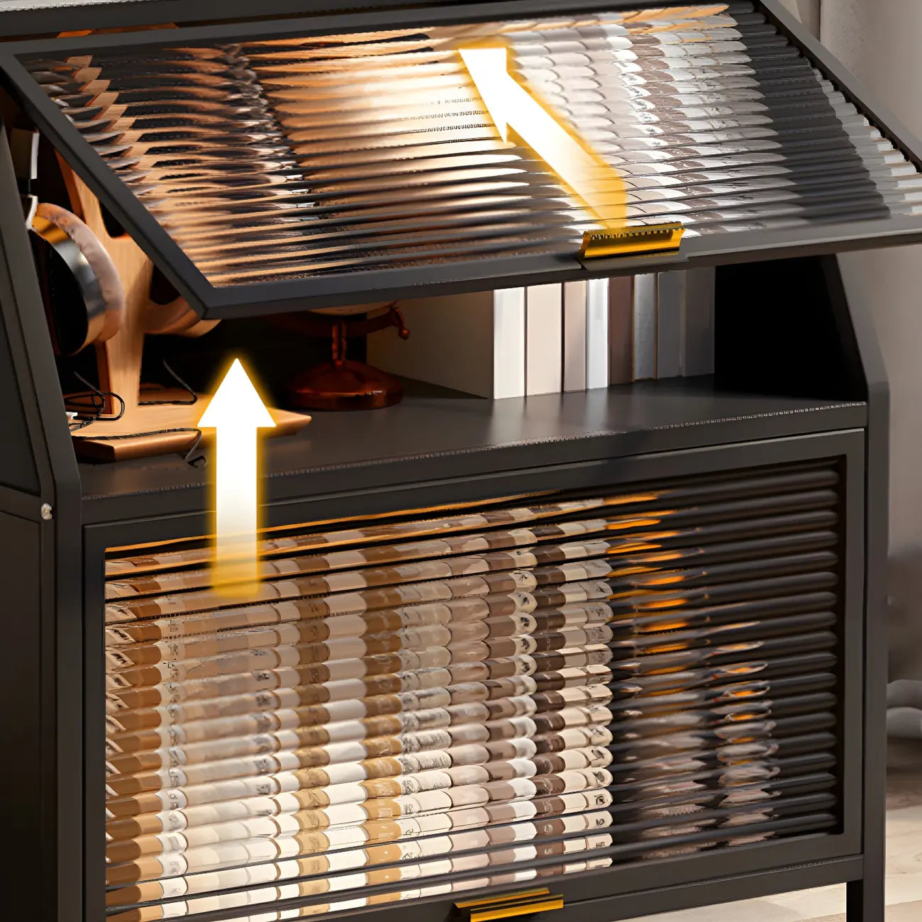 Modish Metal Black Bedside Cabinet with Clear Glass Doors