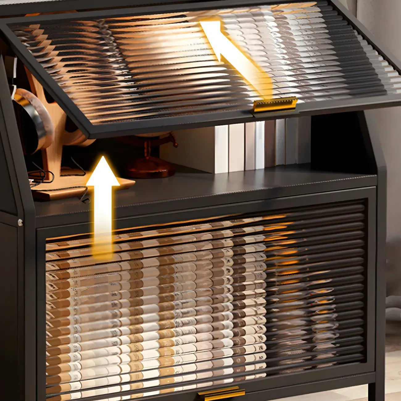 Modish Metal Black Bedside Cabinet with Clear Glass Doors