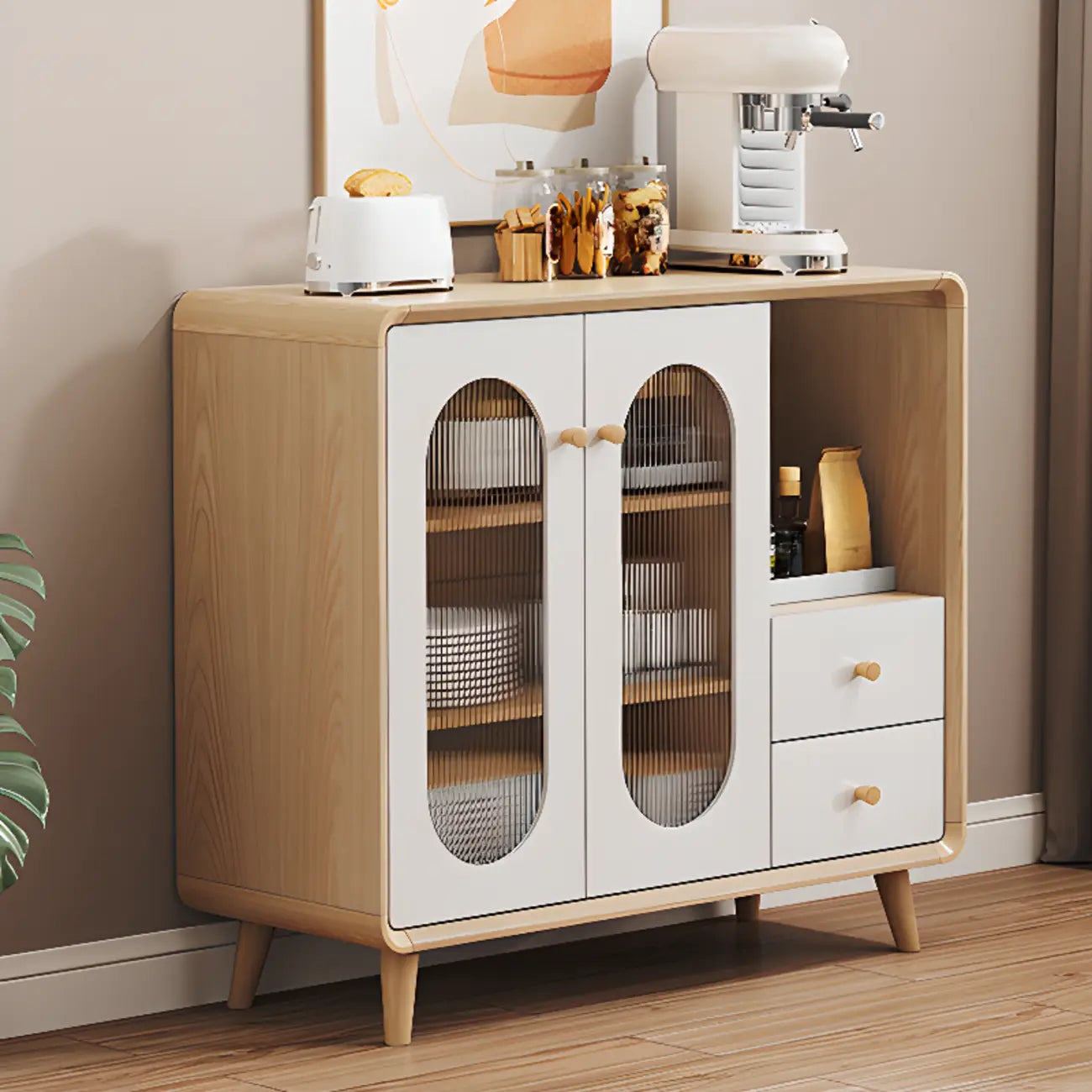 Modern Natural Finish Cabinet with Exterior Shelf  & Drawers