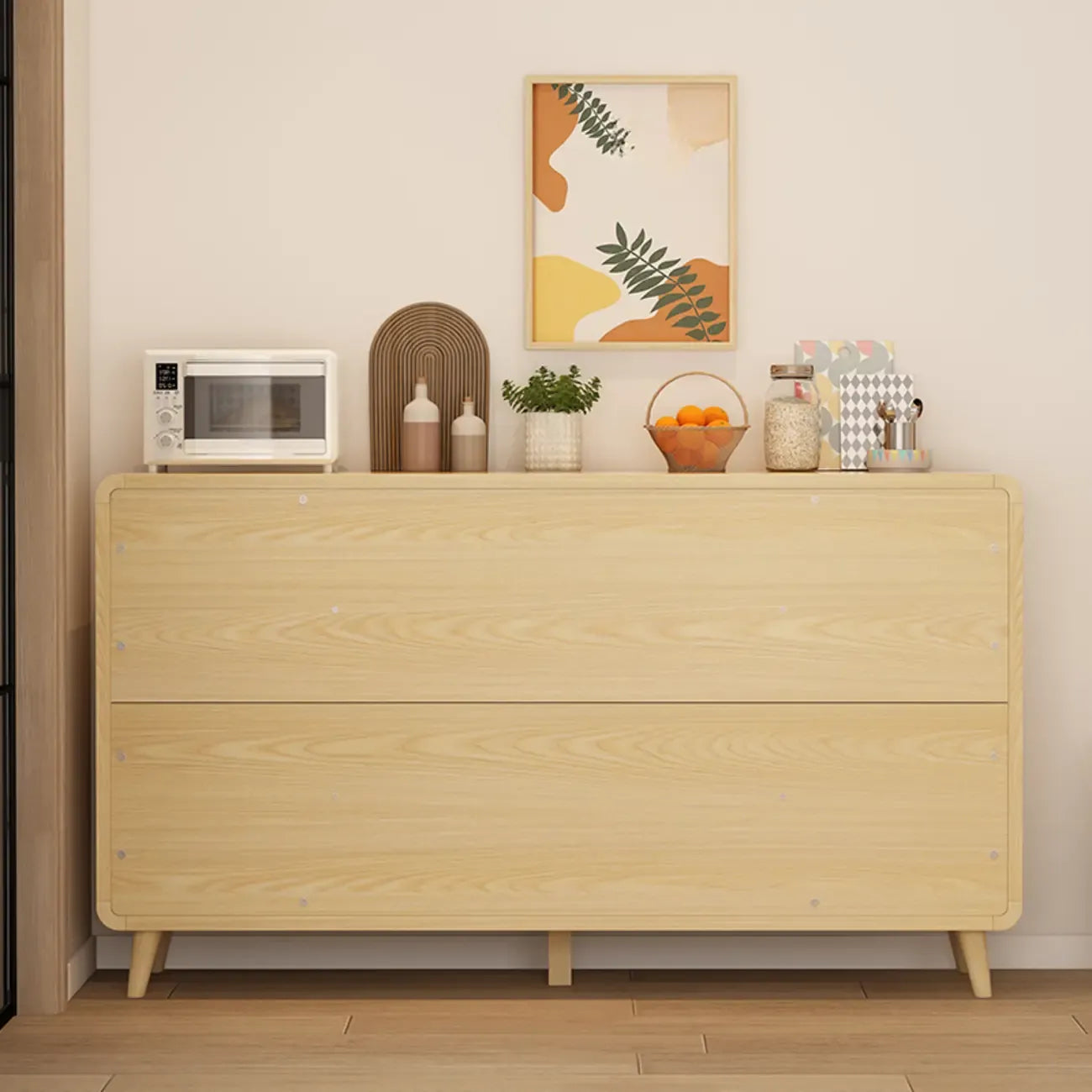 Modern Natural Finish Cabinet with Exterior Shelf  & Drawers