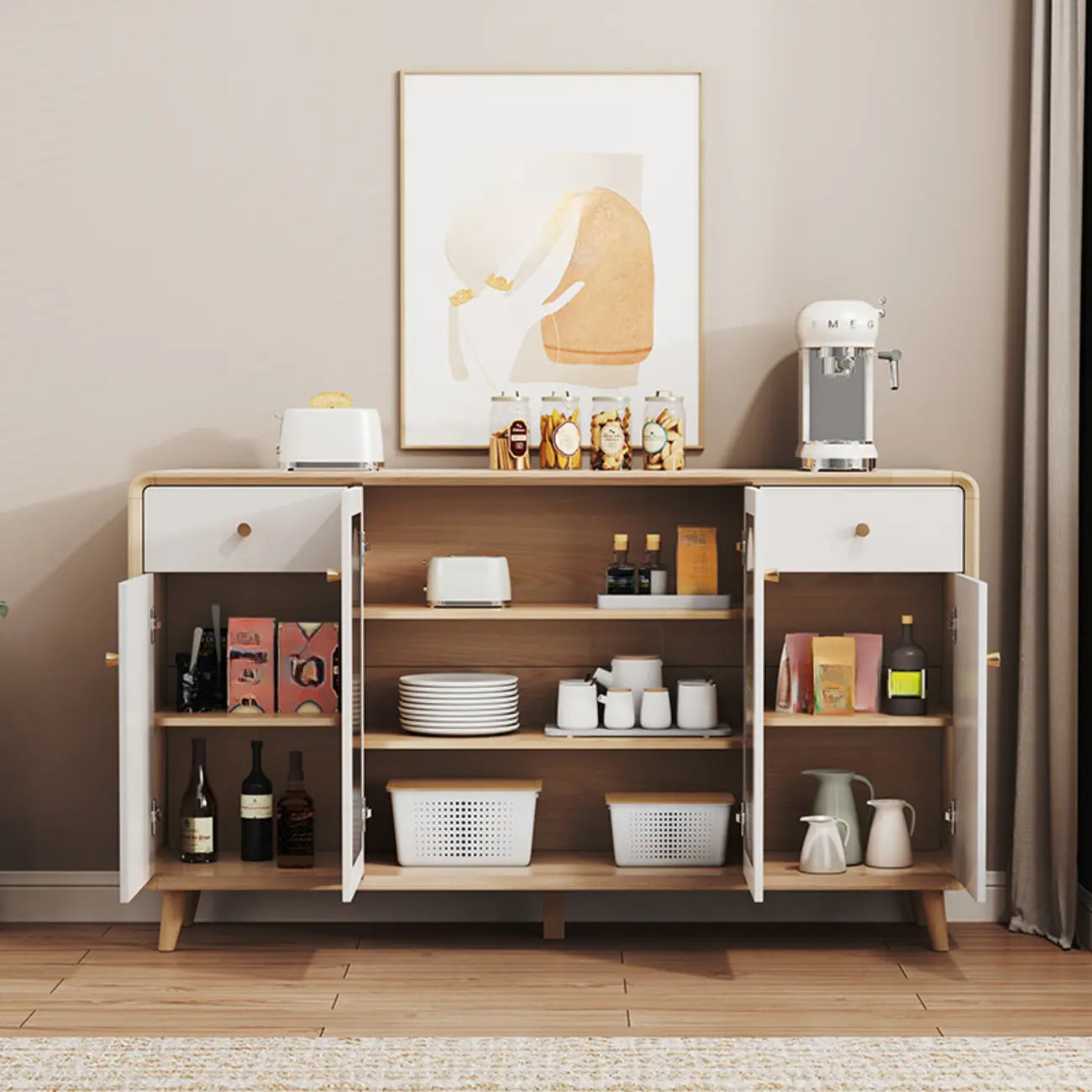 Modern Natural Finish Cabinet with Exterior Shelf  & Drawers