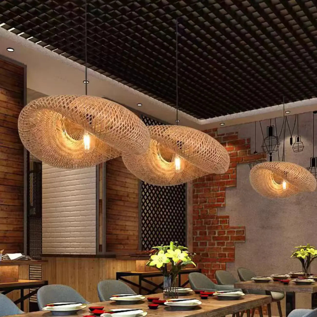 Adjustable Oriental Style Ratten Bamboo Hanging Pendant Light