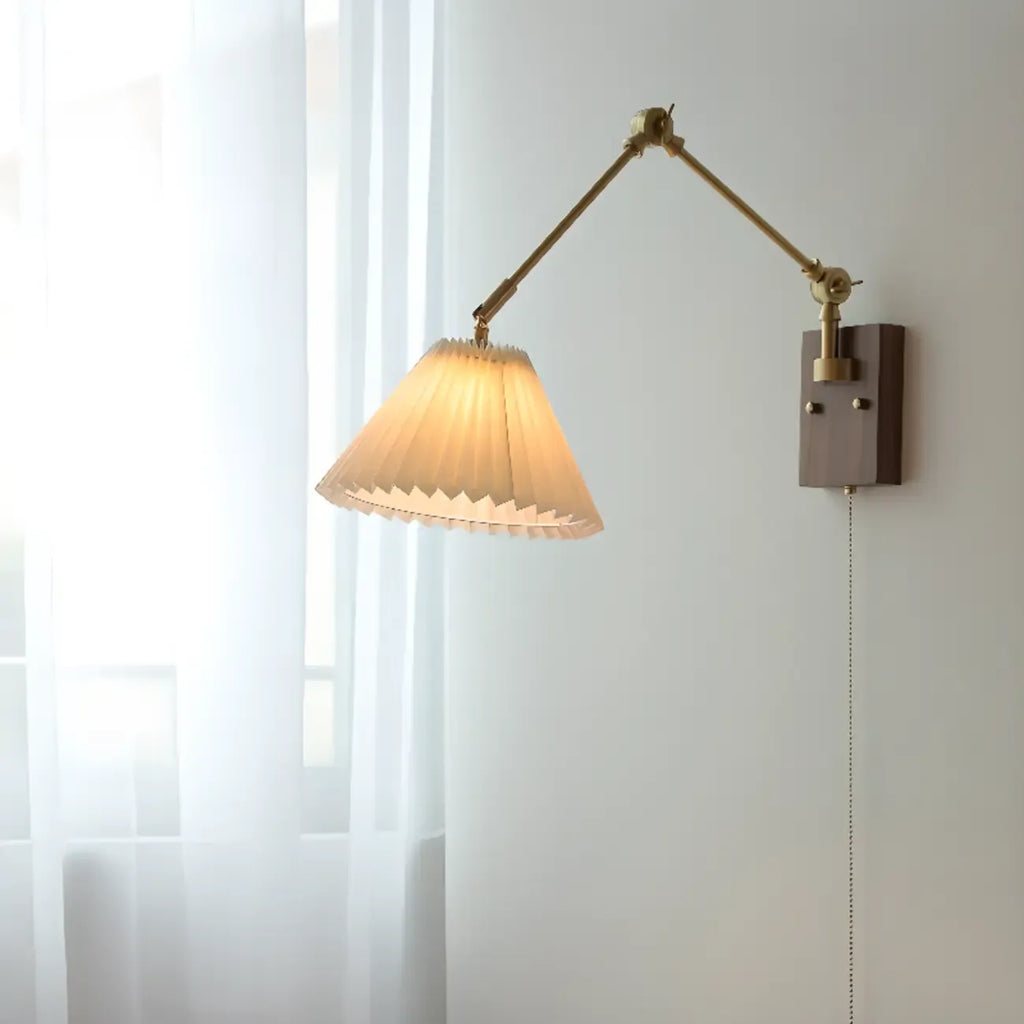 Vintage Swing Arm Wall Light with Pleated Fabric Shade