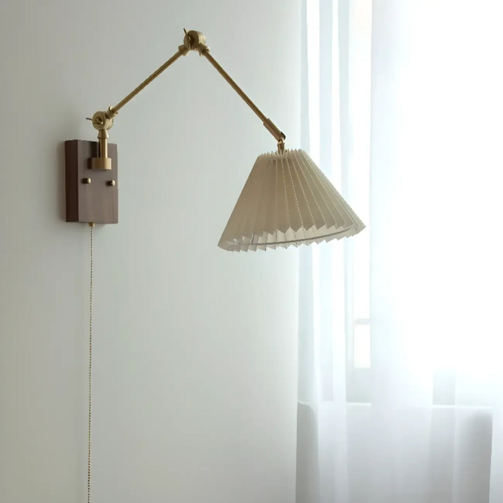 Vintage Swing Arm Wall Light with Pleated Fabric Shade