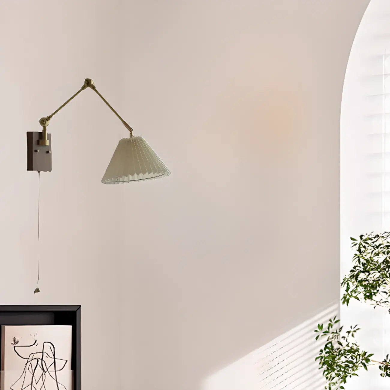 Vintage Swing Arm Wall Light with Pleated Fabric Shade