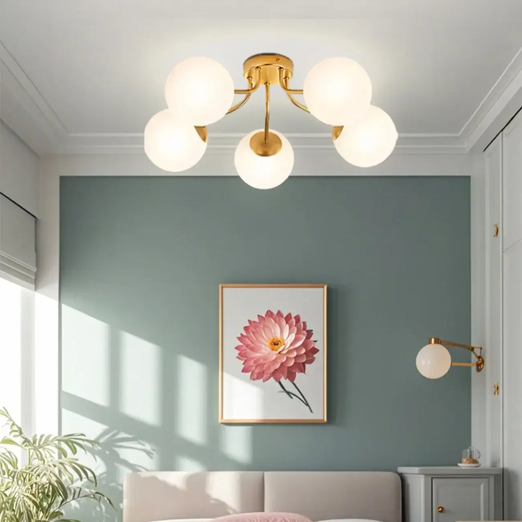 Modern White Globe Glass Golden Semi Flush Ceiling Light