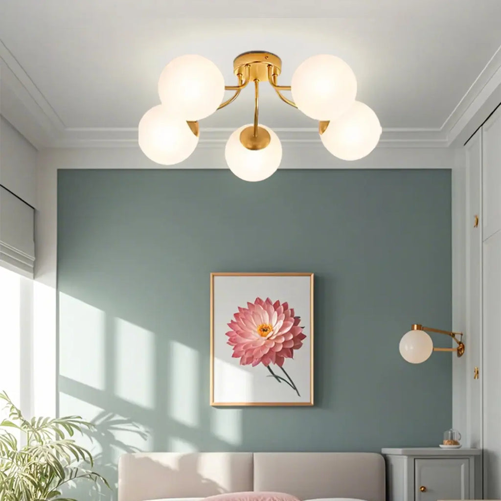 Modern White Globe Glass Golden Semi Flush Ceiling Light