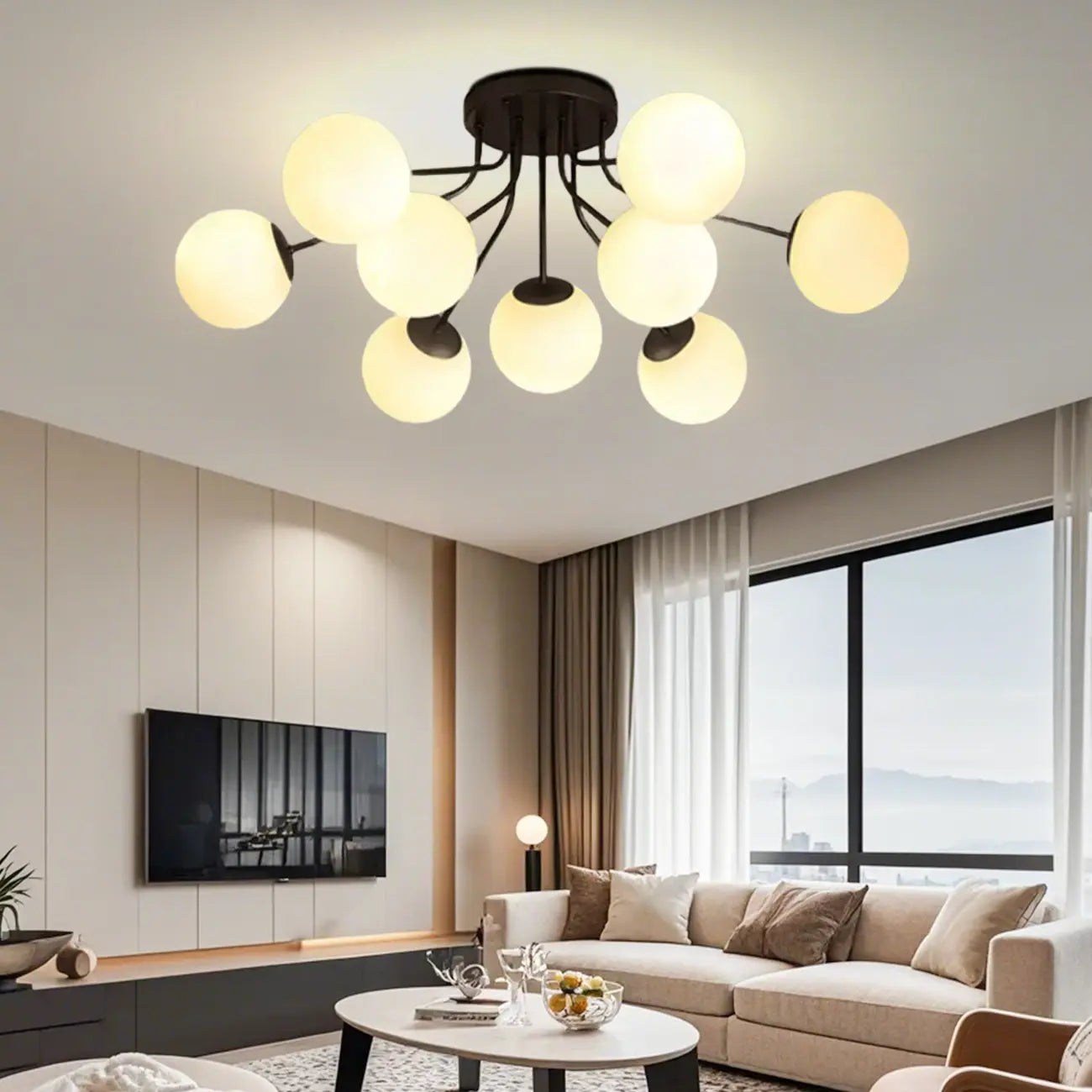 Modern White Globe Glass Golden Semi Flush Ceiling Light