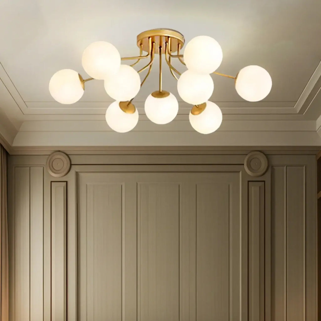 Modern White Globe Glass Golden Semi Flush Ceiling Light