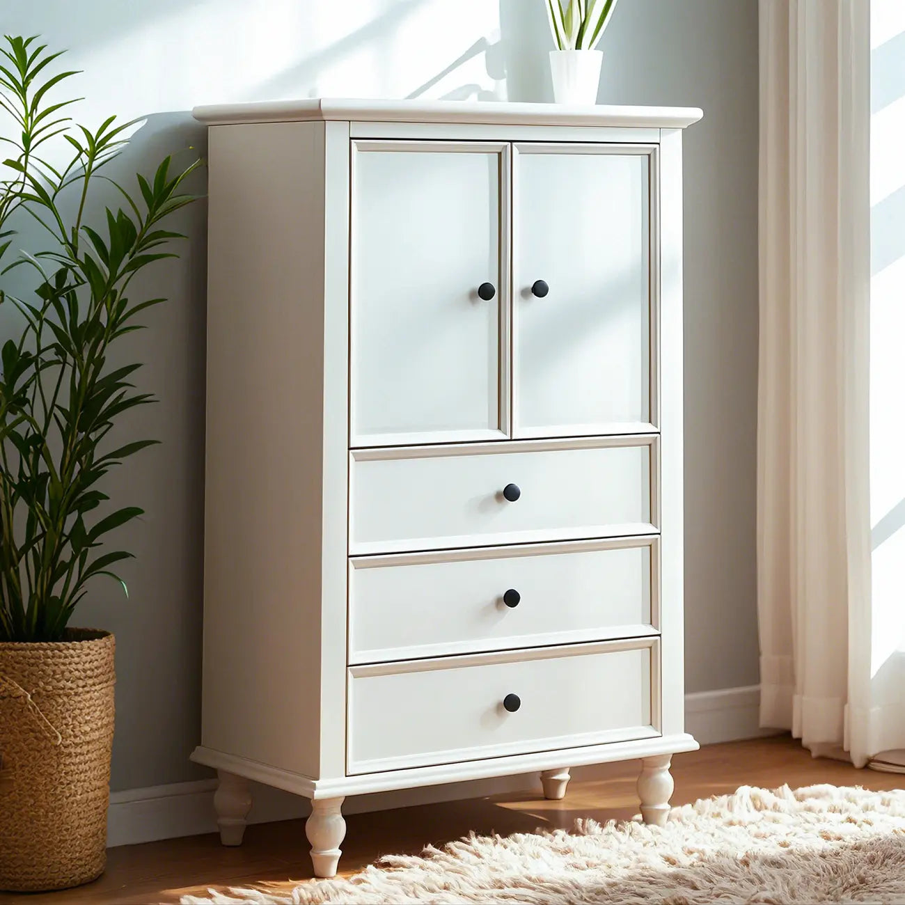 Glam Vertical White Wooden Dresser with Cabinet
