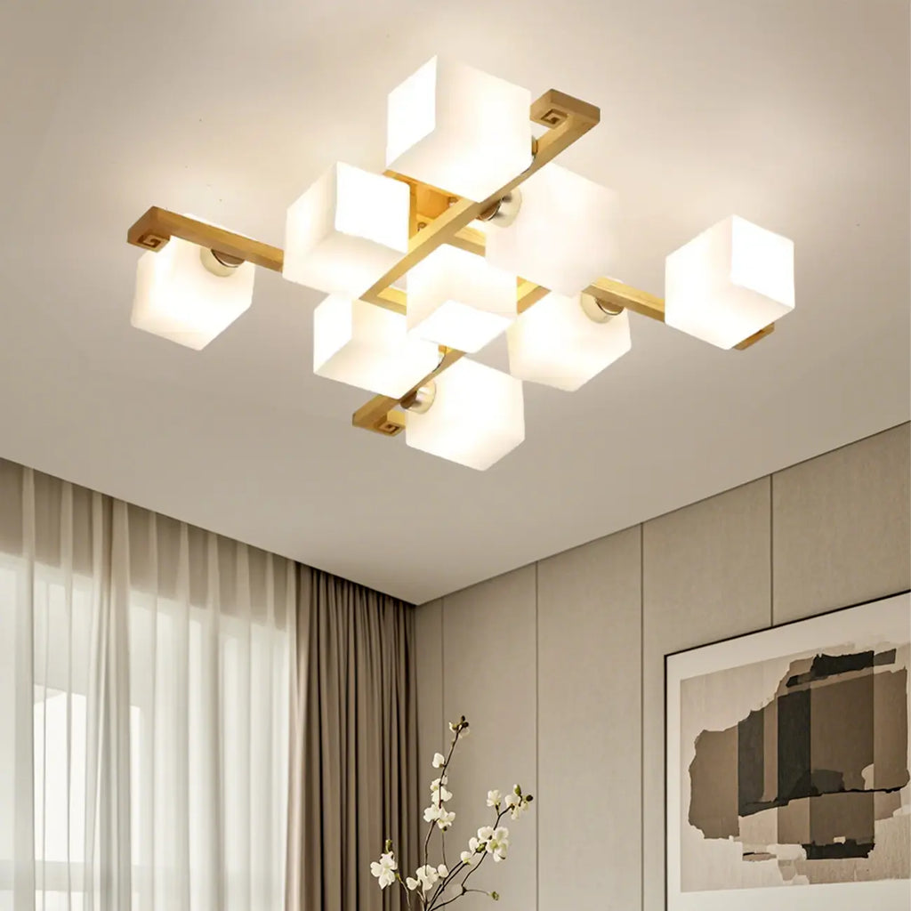 8.5 Height Square Glass Natural Wood Semi Flush Ceiling Light