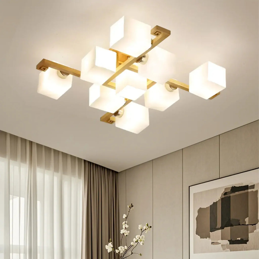 8.5 Height Square Glass Natural Wood Semi Flush Ceiling Light