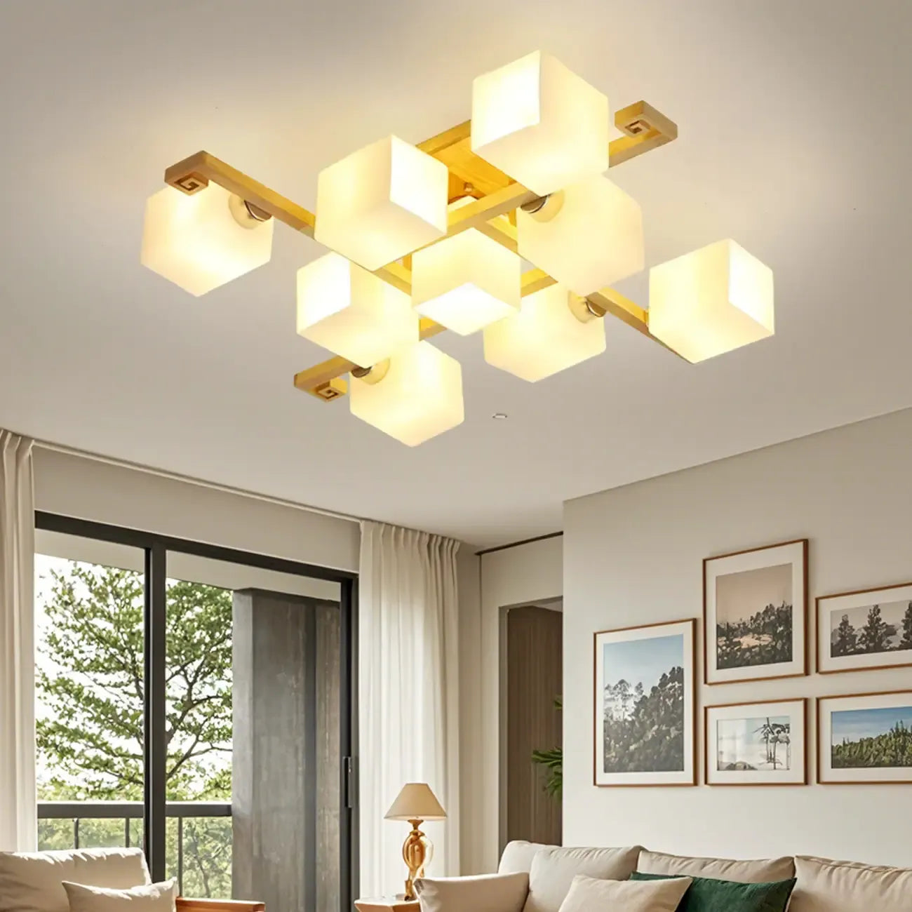 8.5 Height Square Glass Natural Wood Semi Flush Ceiling Light