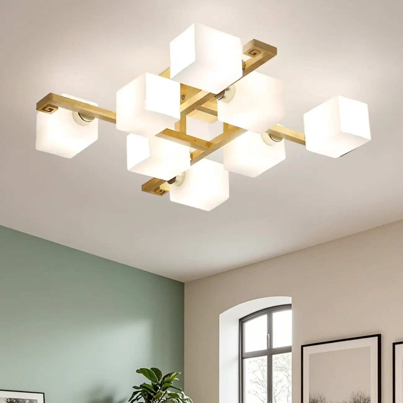 8.5 Height Square Glass Natural Wood Semi Flush Ceiling Light
