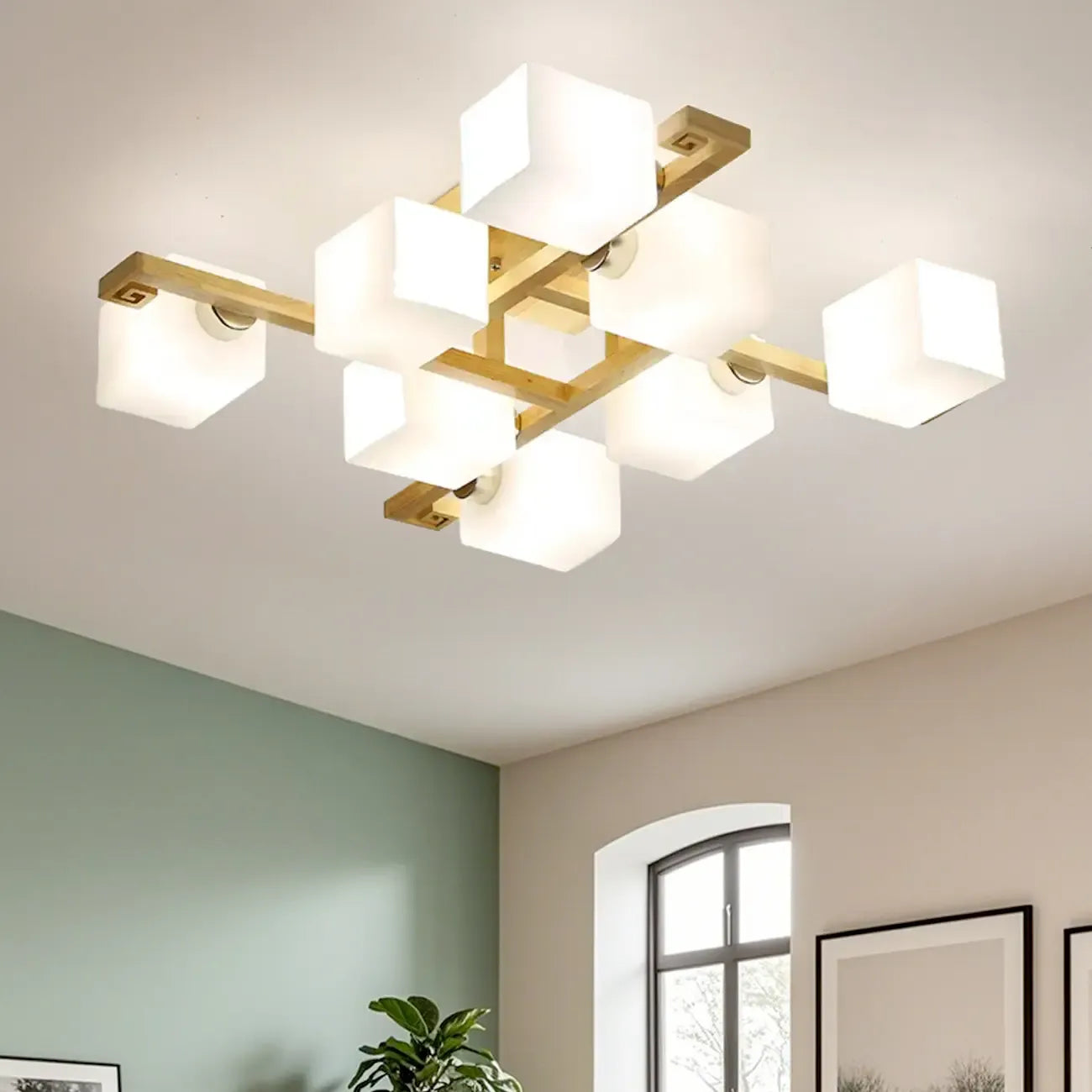 8.5 Height Square Glass Natural Wood Semi Flush Ceiling Light