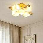 8.5 Height Square Glass Natural Wood Semi Flush Ceiling Light