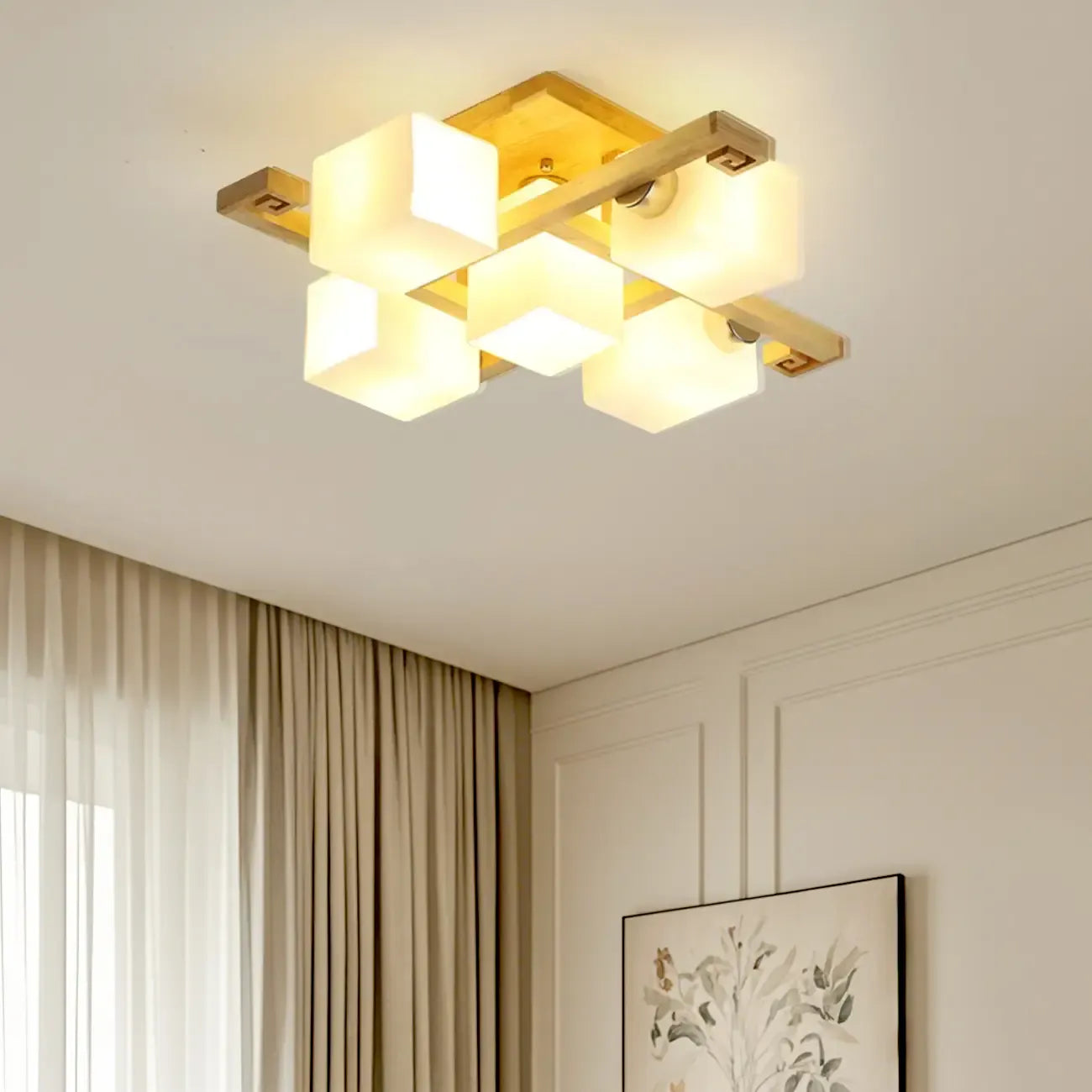 8.5 Height Square Glass Natural Wood Semi Flush Ceiling Light