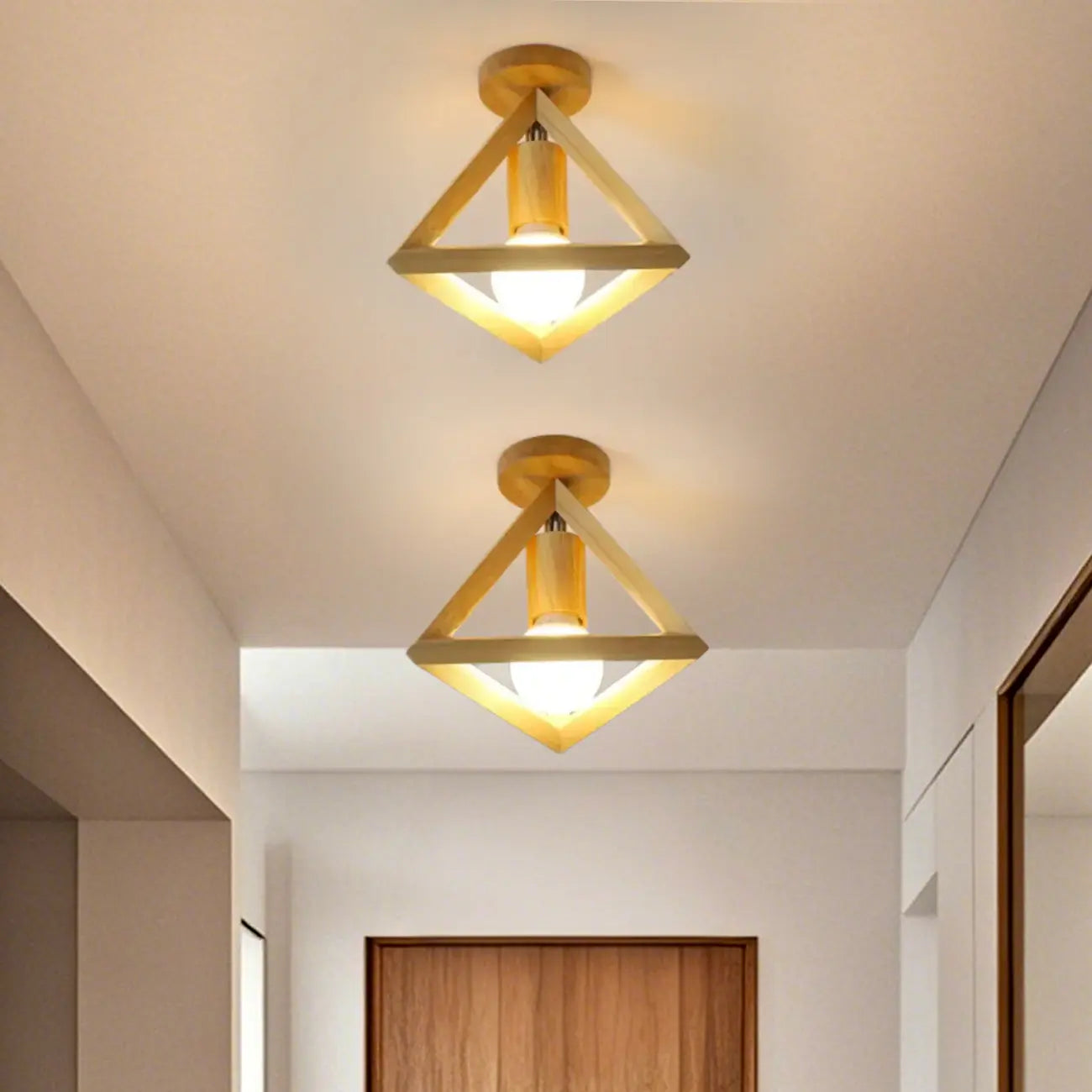 Natural Rubber Wood Cube Shade Semi Flush Ceiling Light