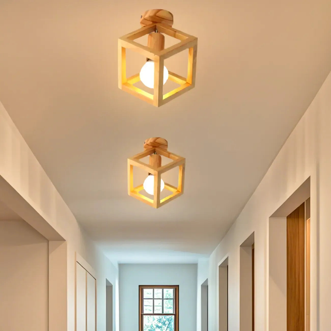 Natural Rubber Wood Cube Shade Semi Flush Ceiling Light