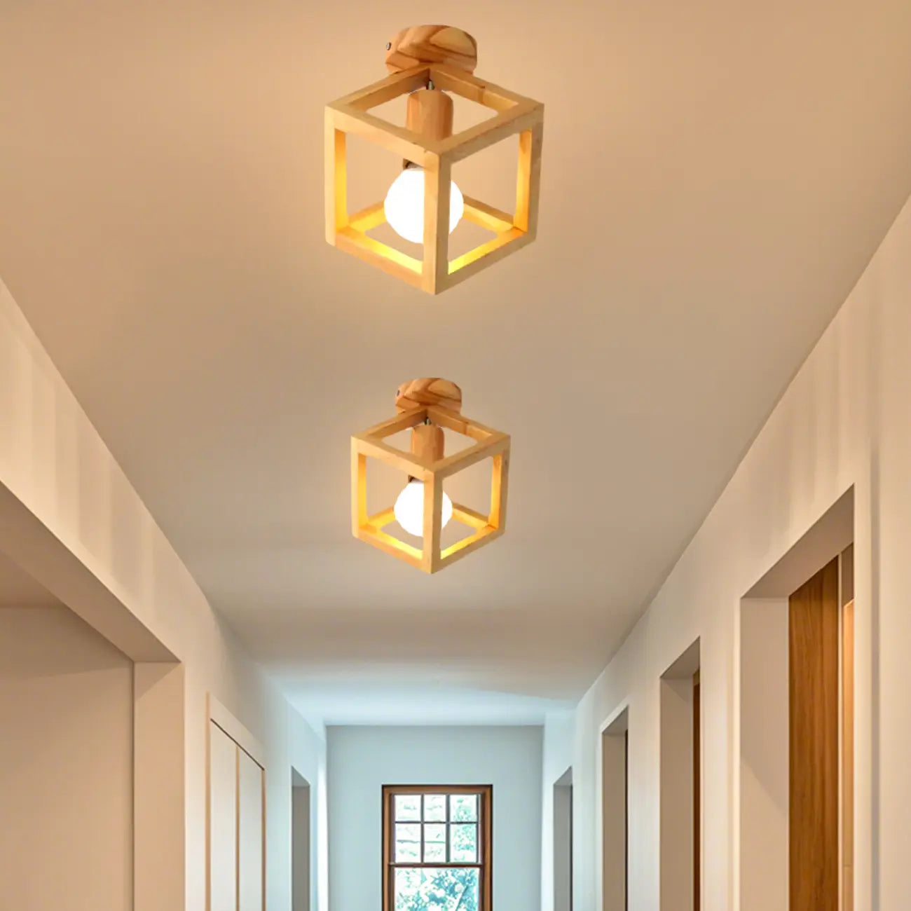 Natural Rubber Wood Cube Shade Semi Flush Ceiling Light