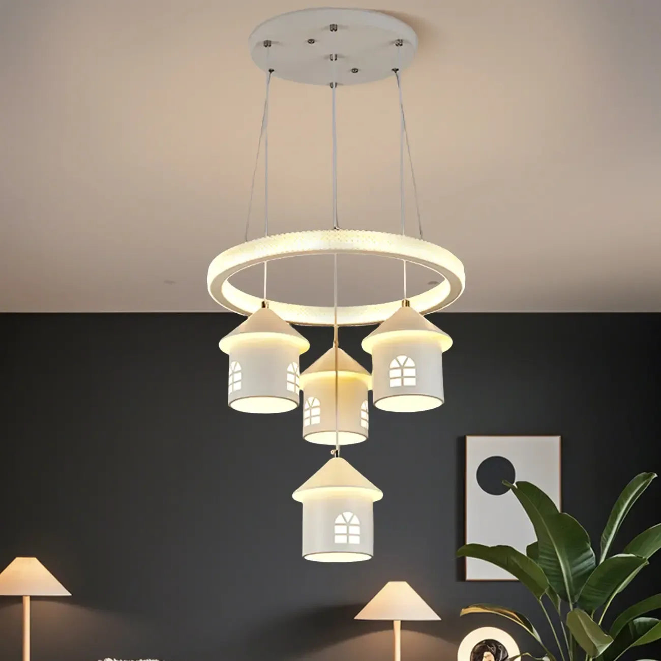 Modern 4-Light LED Chandelier with Unique House Design