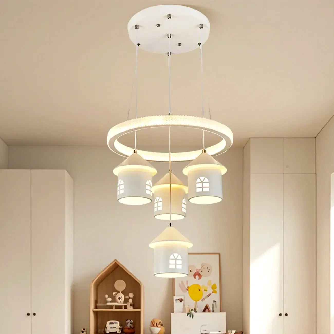 Modern 4-Light LED Chandelier with Unique House Design