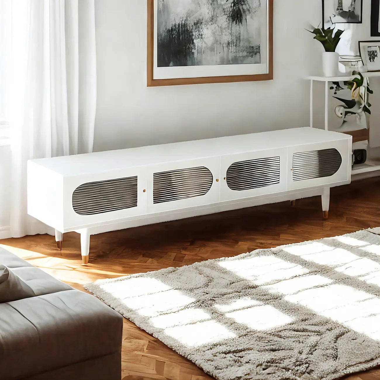 79 White Wood Ribbed Doors TV Stand with Adjustable Shelves