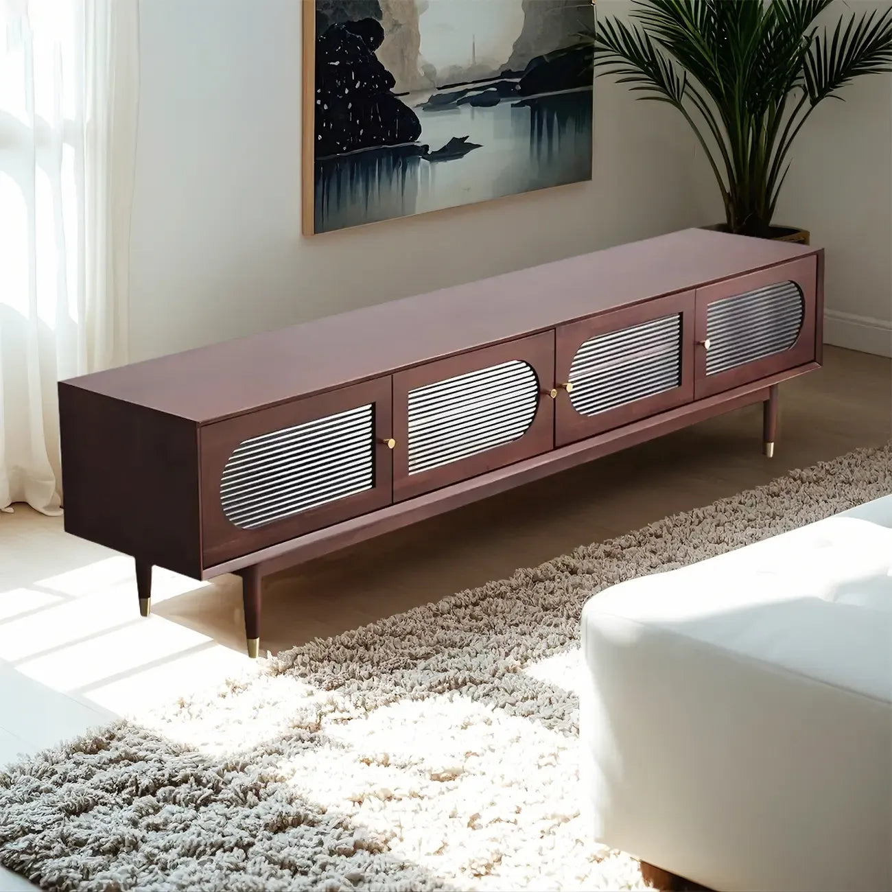 79 White Wood Ribbed Doors TV Stand with Adjustable Shelves