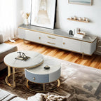 71 White Stone Fluted Panels Gold Trim TV Stand with Cabinet