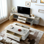 71 White Stone Fluted Panels Gold Trim TV Stand with Cabinet