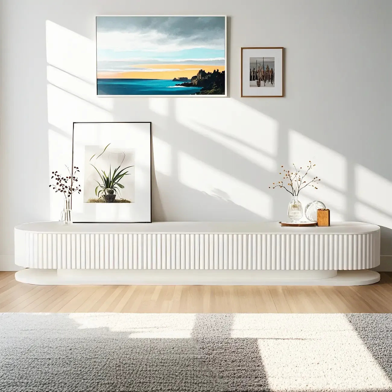 79 White Modern Wood Long Fluted TV Stand with Drawers