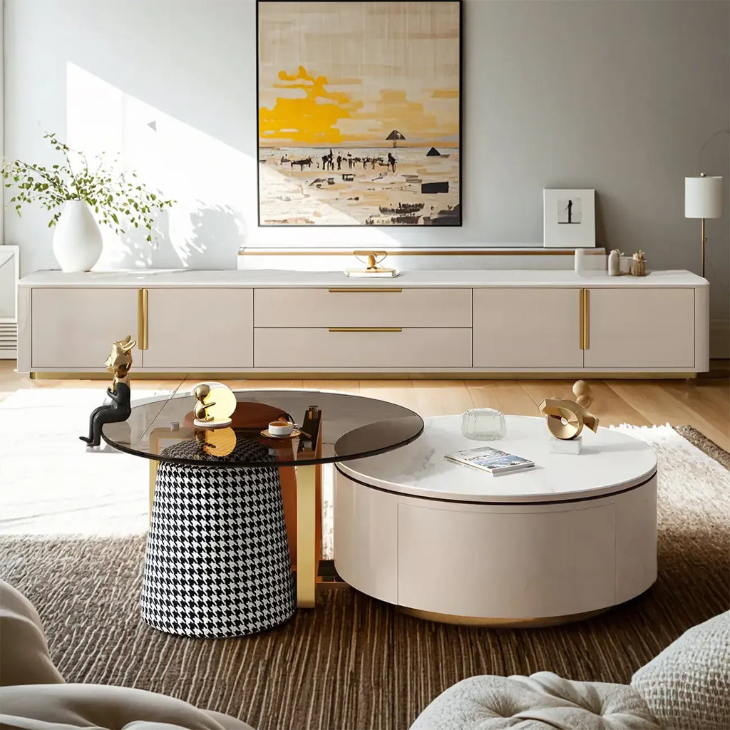 Luxury Black Stone Gold Handle TV Stand with Storage Cabinet