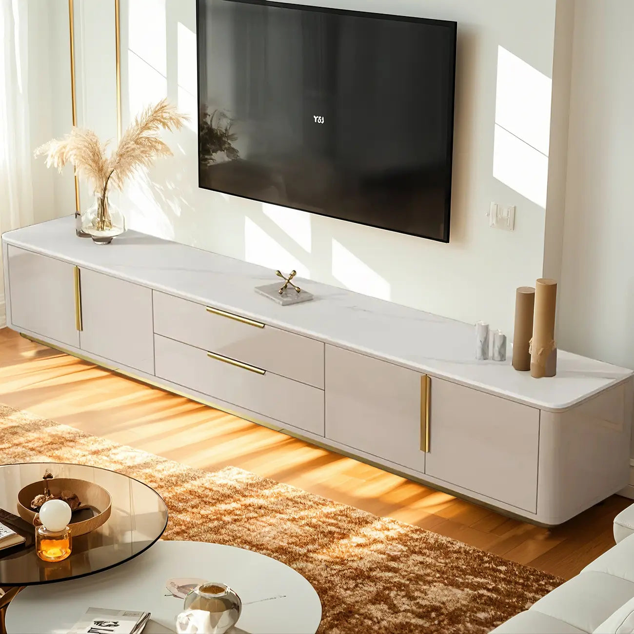 Luxury Black Stone Gold Handle TV Stand with Storage Cabinet