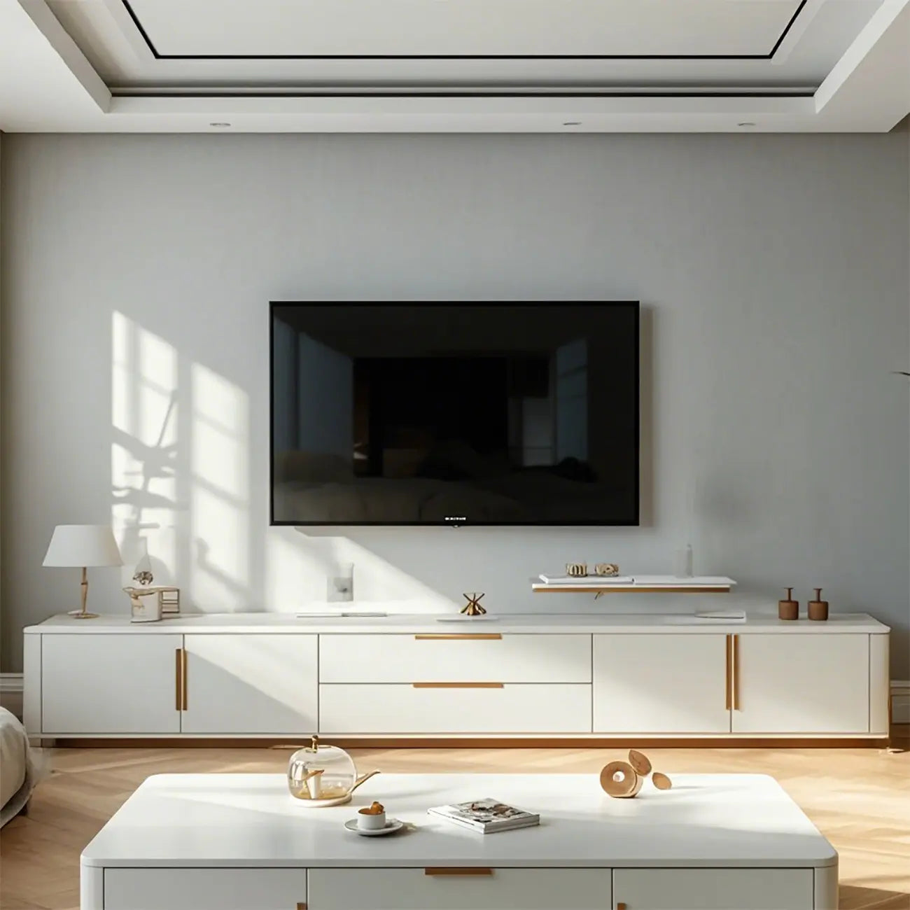 Luxury Black Stone Gold Handle TV Stand with Storage Cabinet