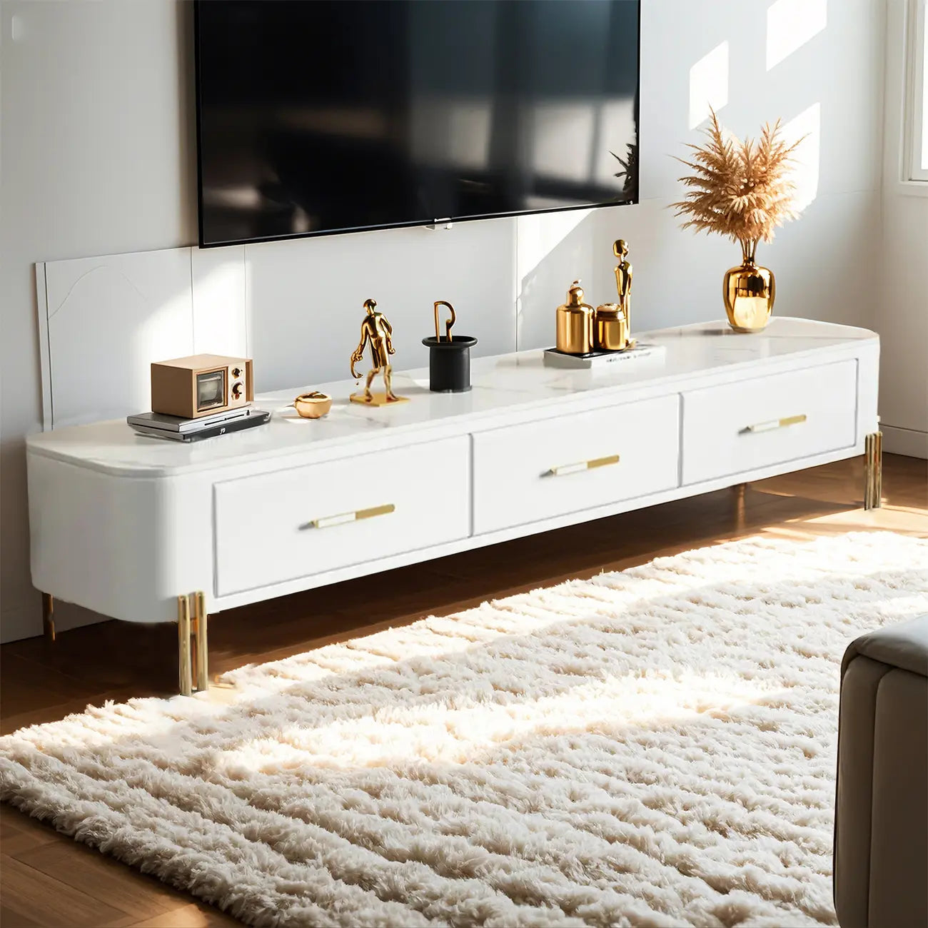 Contemporary 3-Drawer Stone Grey TV Stand with Gold Legs
