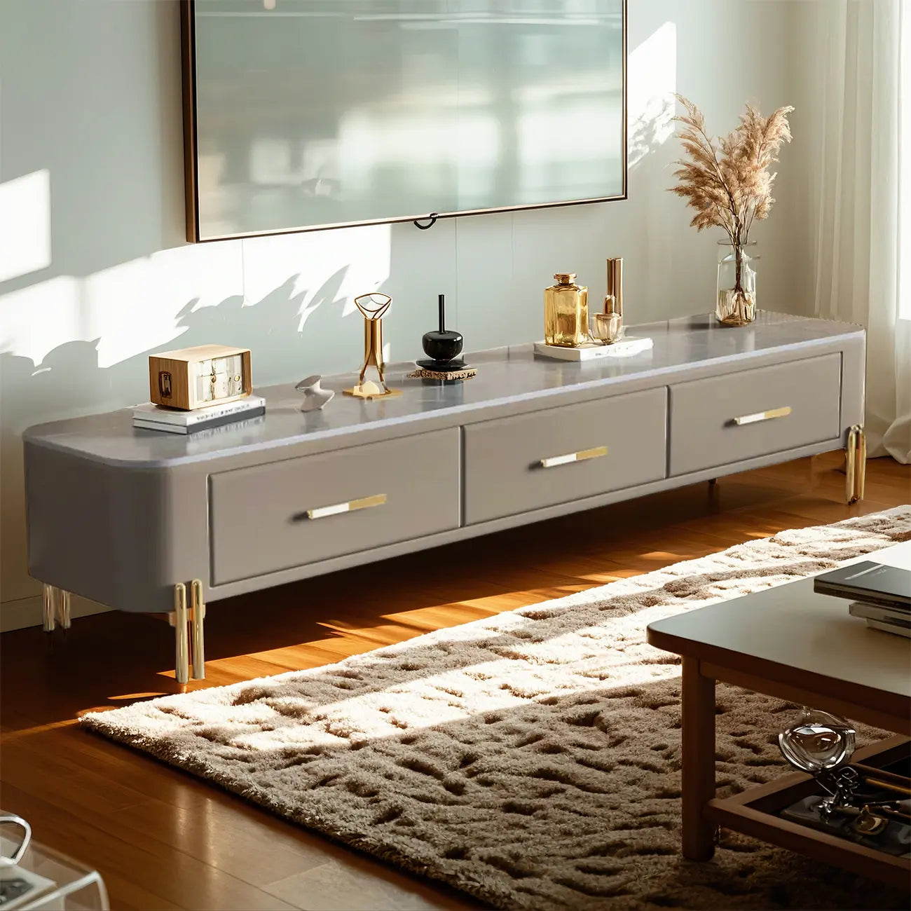 Contemporary 3-Drawer Stone Grey TV Stand with Gold Legs