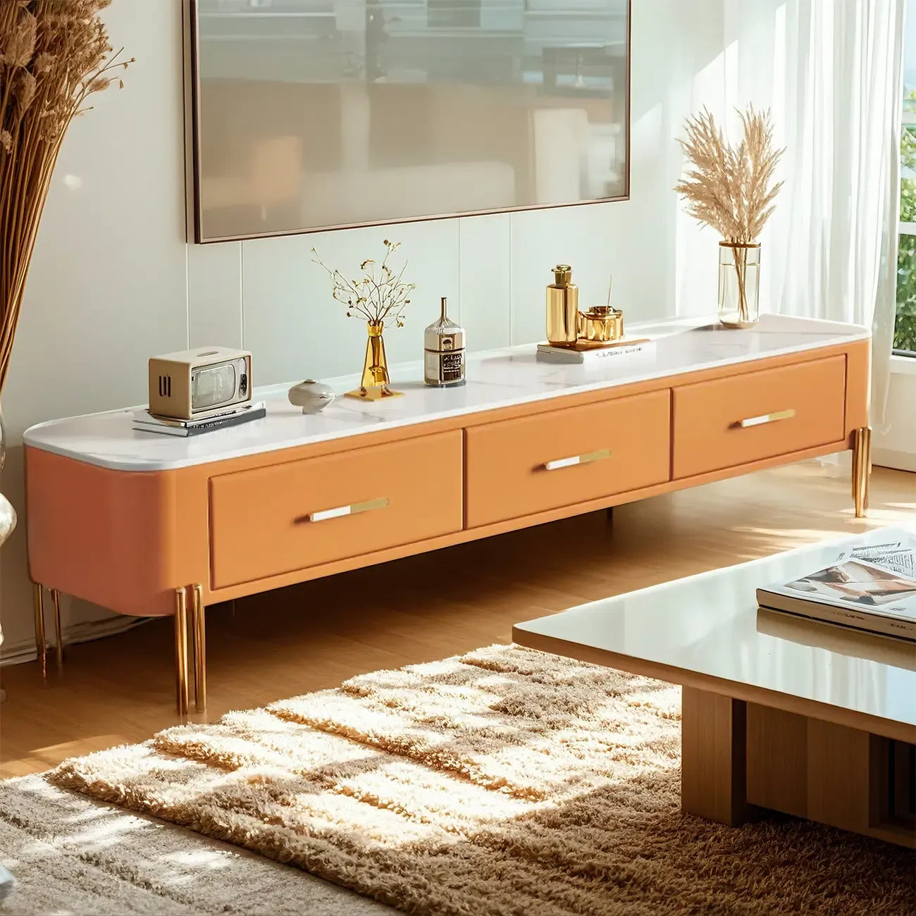 Contemporary 3-Drawer Stone Grey TV Stand with Gold Legs