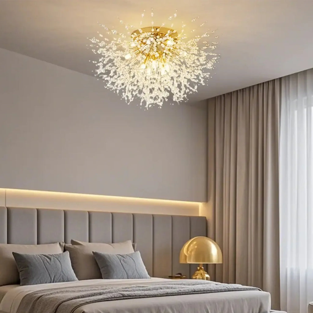 Glamorous Crystal Starburst Gold Semi Flush Ceiling Light
