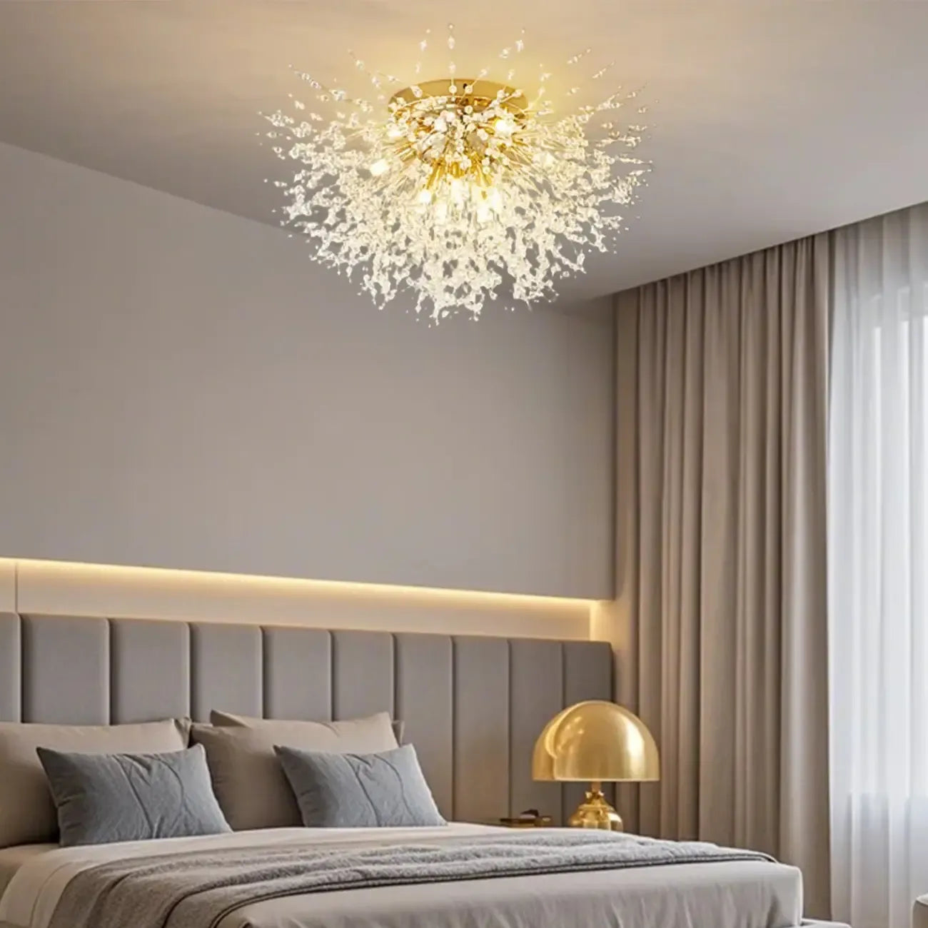 Glamorous Crystal Starburst Gold Semi Flush Ceiling Light