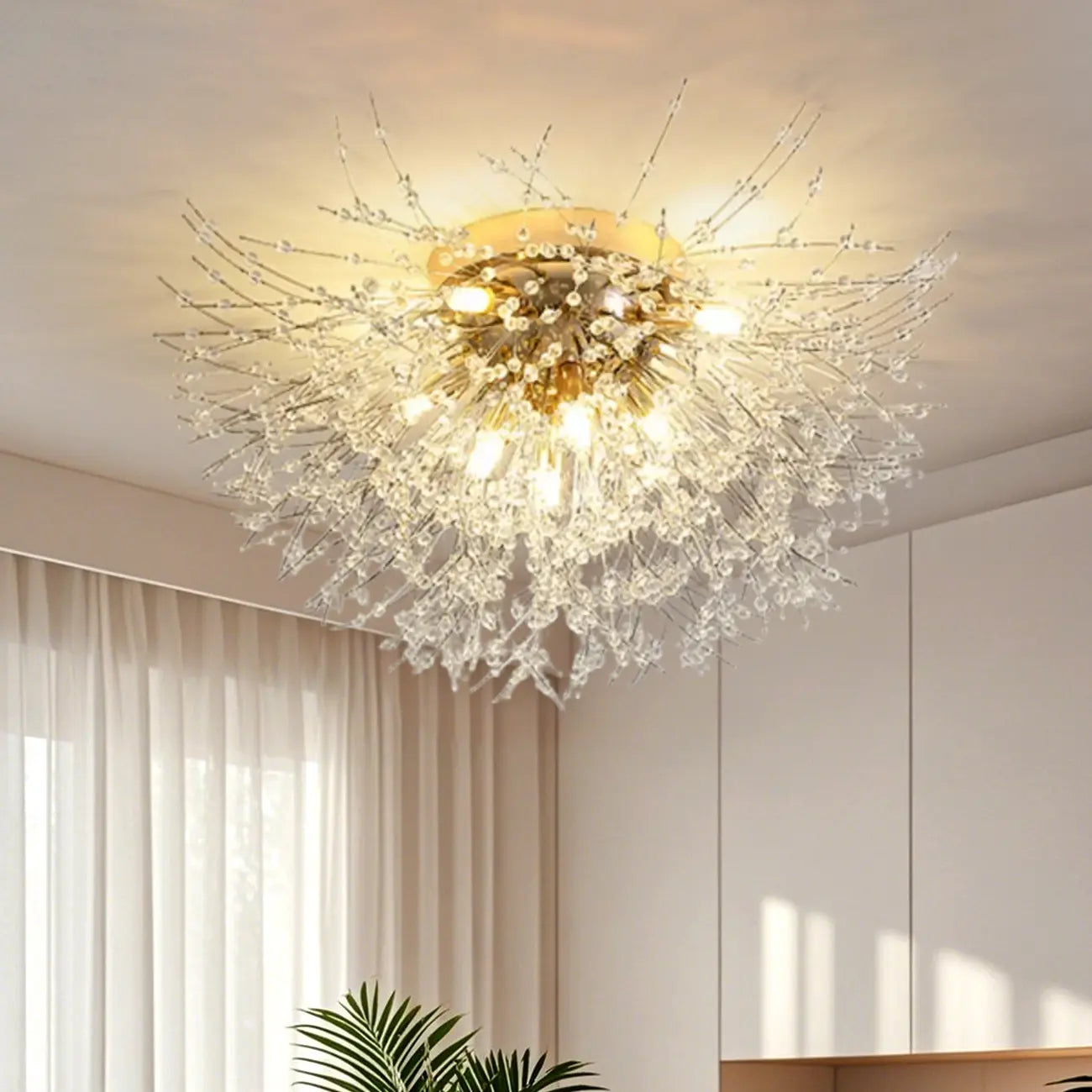 Glamorous Crystal Starburst Gold Semi Flush Ceiling Light