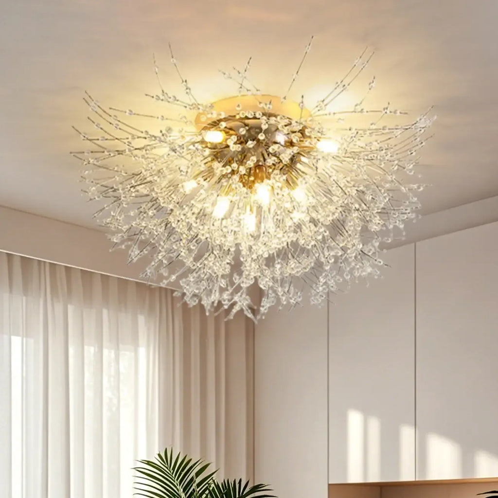Glamorous Crystal Starburst Gold Semi Flush Ceiling Light