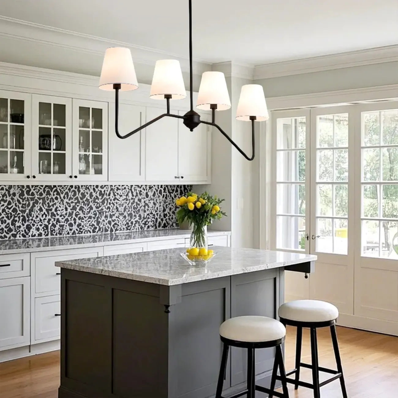 Black Metal Island Pendant Light with 4 Lights in Fabric Cylinder Shape