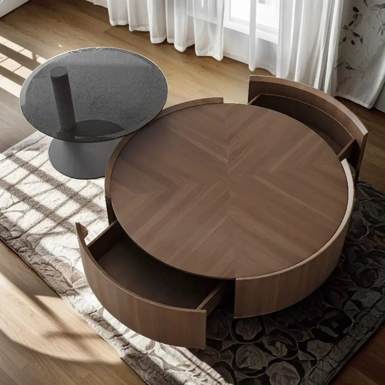 Brown Round Sleek Round Wood Coffee Table with Storage
