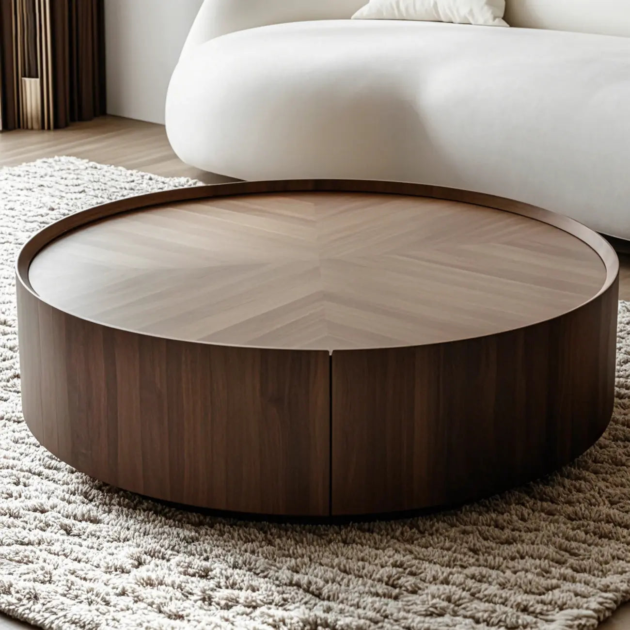 Brown Round Sleek Round Wood Coffee Table with Storage